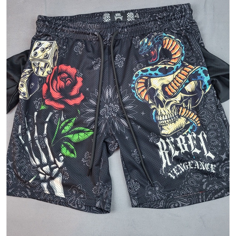 Rebel Vengeance Shorts Mens Medium Black Scorpion‎ Rose Drawstring Lightweight